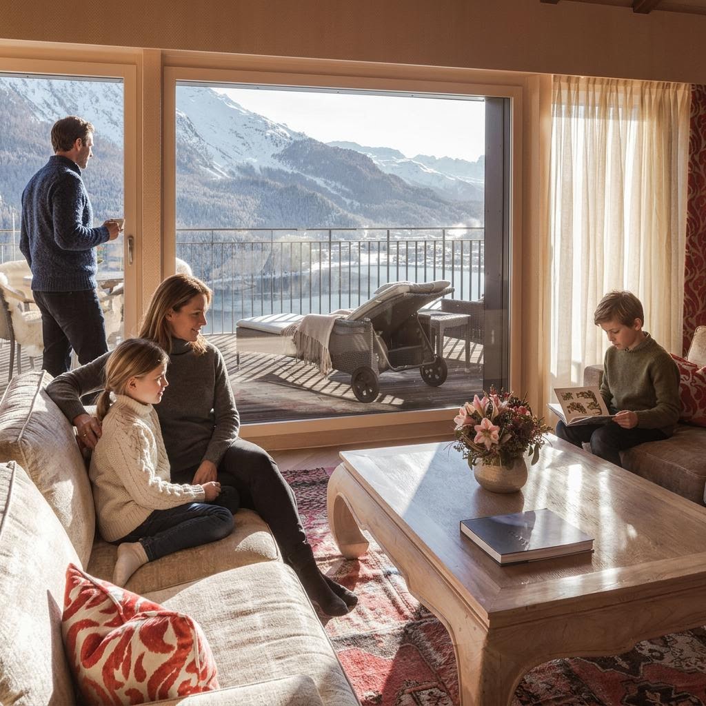 A family relaxing naturally in an Alpine living room while a parent enjoys coffee on the balcony