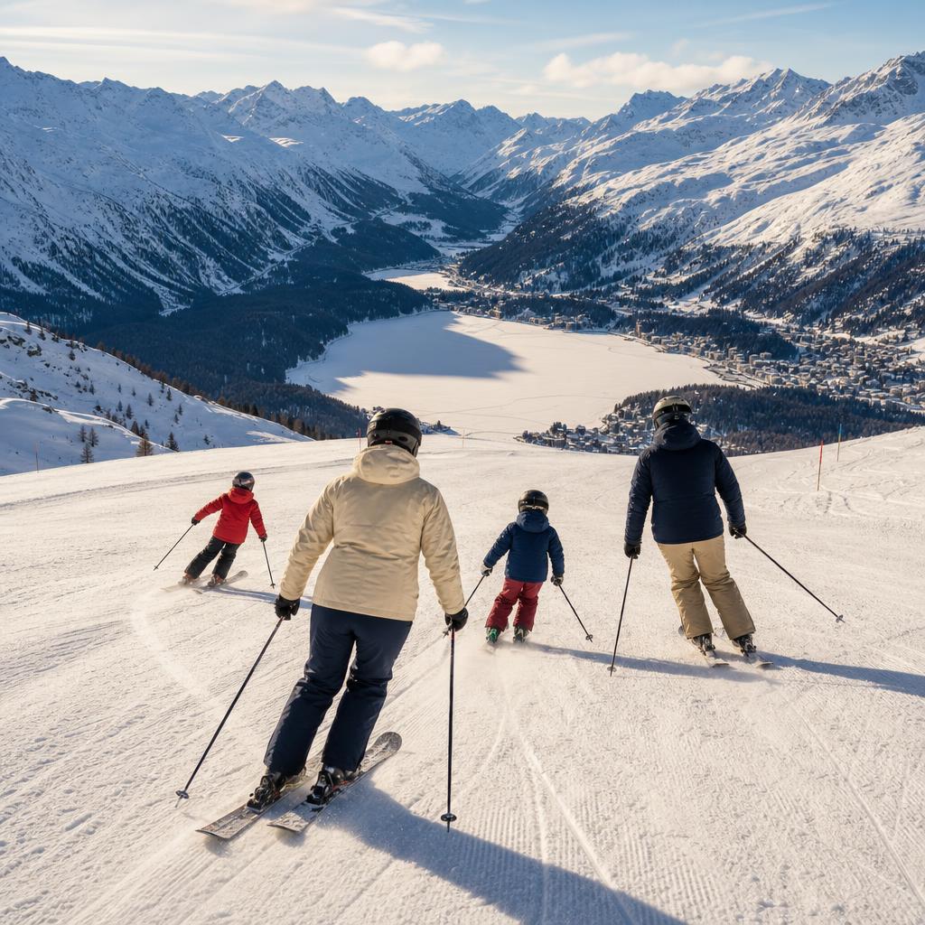 A family seen from behind naturally skiing in the Swiss Alps, with a St. Moritz-inspired winter panorama
